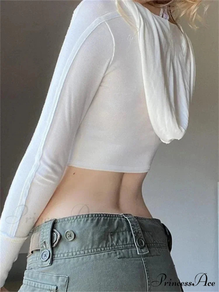 Hooded Ribbed Long Sleeve Deep V Neck Solid Color Slim Fit T-shirts