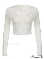 Hooded Ribbed Long Sleeve Deep V Neck Solid Color Slim Fit T-shirts