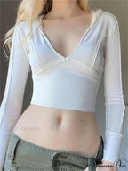 Hooded Ribbed Long Sleeve Deep V Neck Solid Color Slim Fit T-shirts