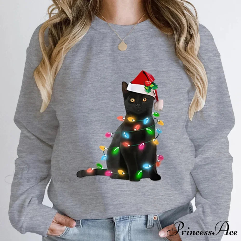 Hoodless Pullover Cute Black Cat Christmas Light Print Hoodie