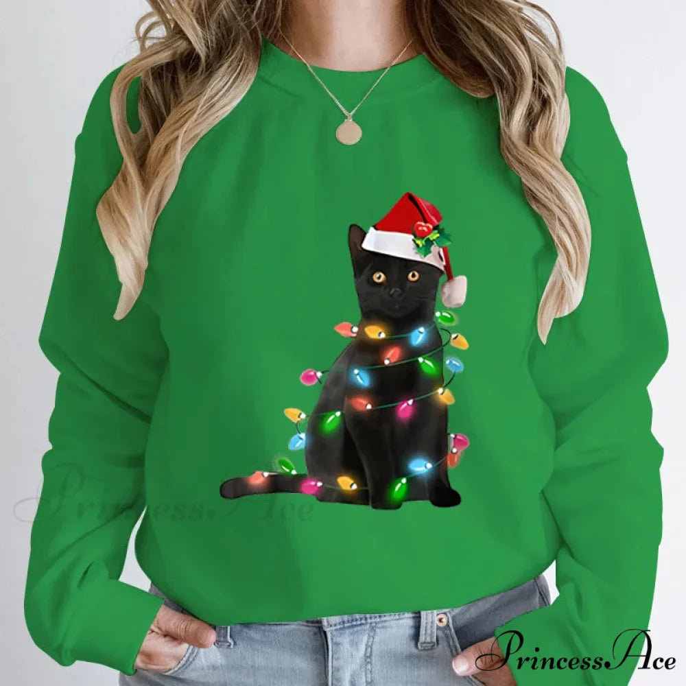 Hoodless Pullover Cute Black Cat Christmas Light Print Hoodie