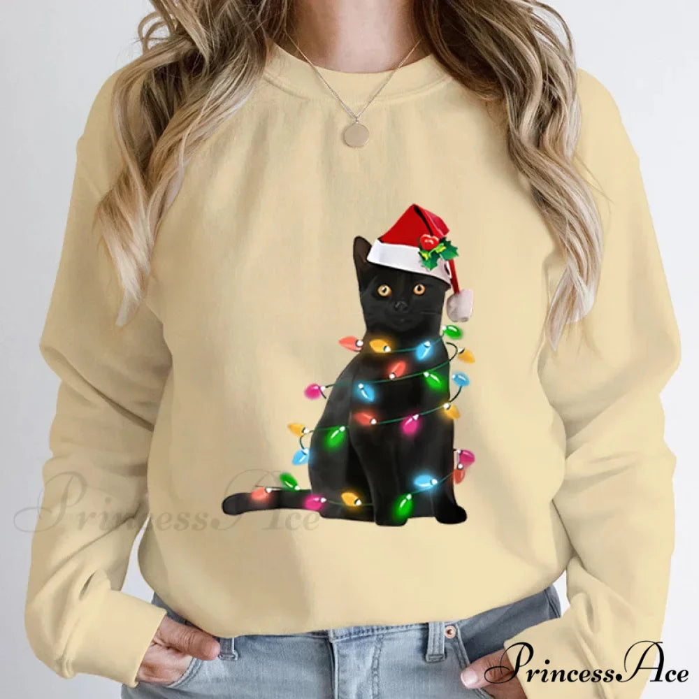Hoodless Pullover Cute Black Cat Christmas Light Print Hoodie