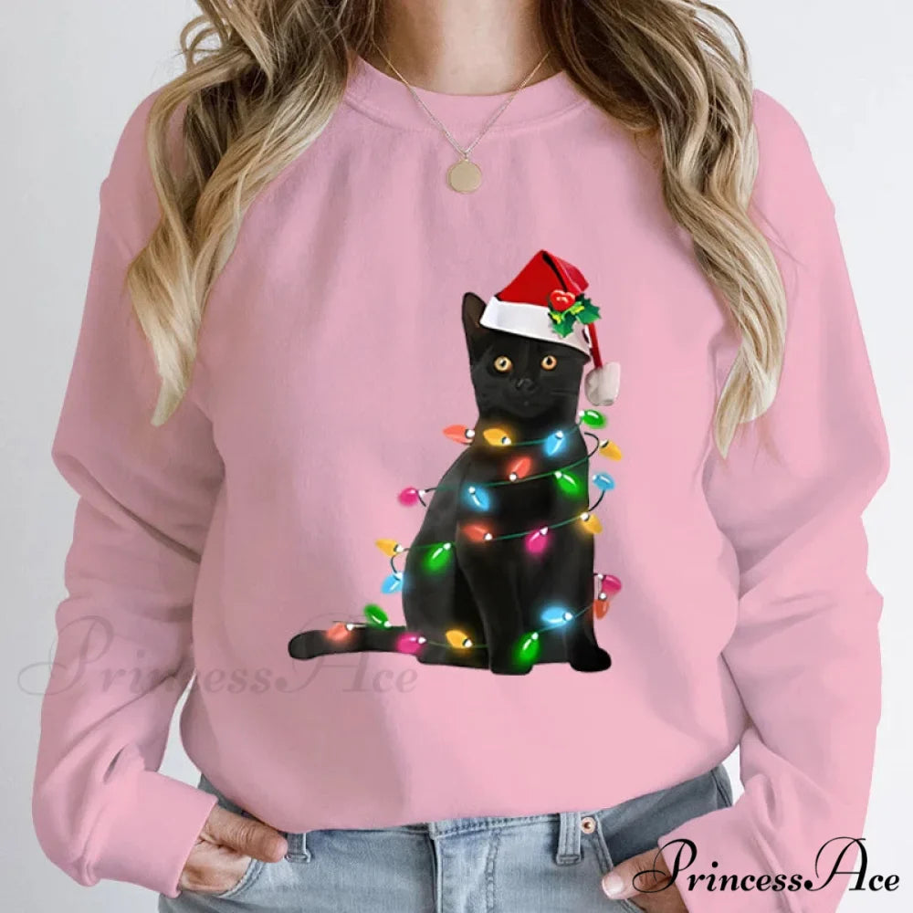 Hoodless Pullover Cute Black Cat Christmas Light Print Hoodie