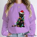 Hoodless Pullover Cute Black Cat Christmas Light Print Hoodie