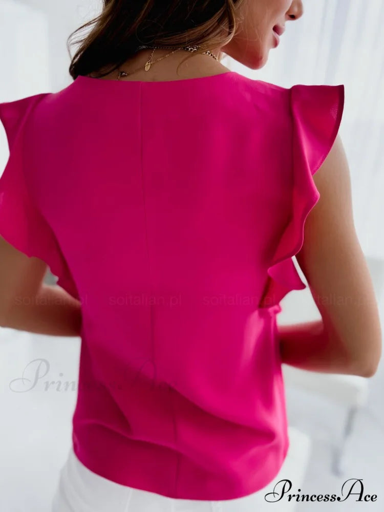 hort-sleeved V-neck solid color blouse