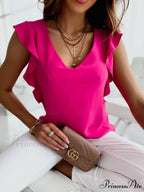 hort-sleeved V-neck solid color blouse