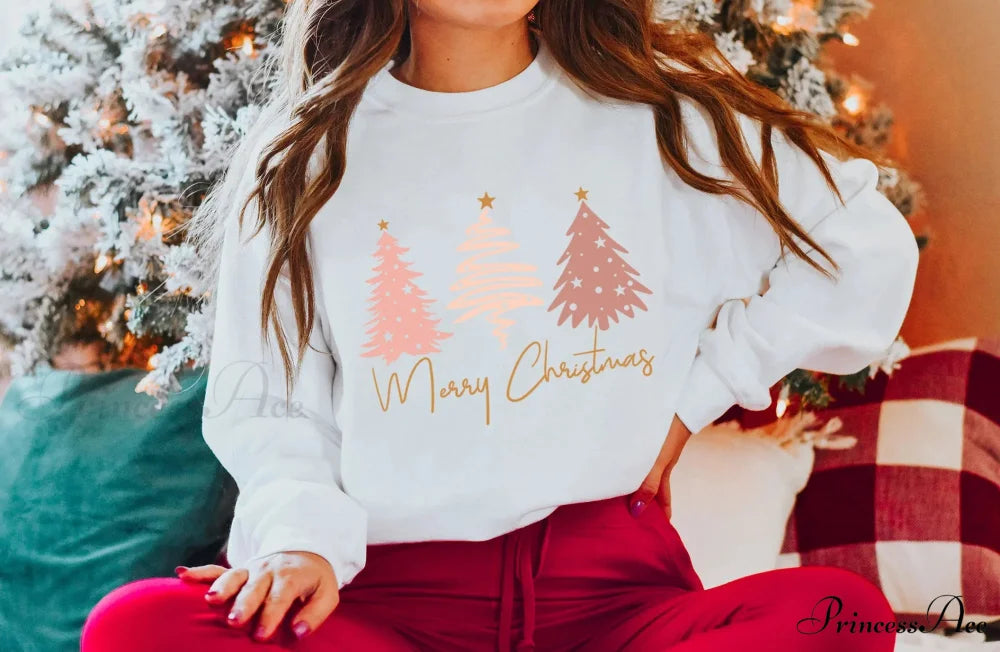 Hot Sale Marry Christmas Individuality Slogan Cotton Pink Tree Christmas Hoodie