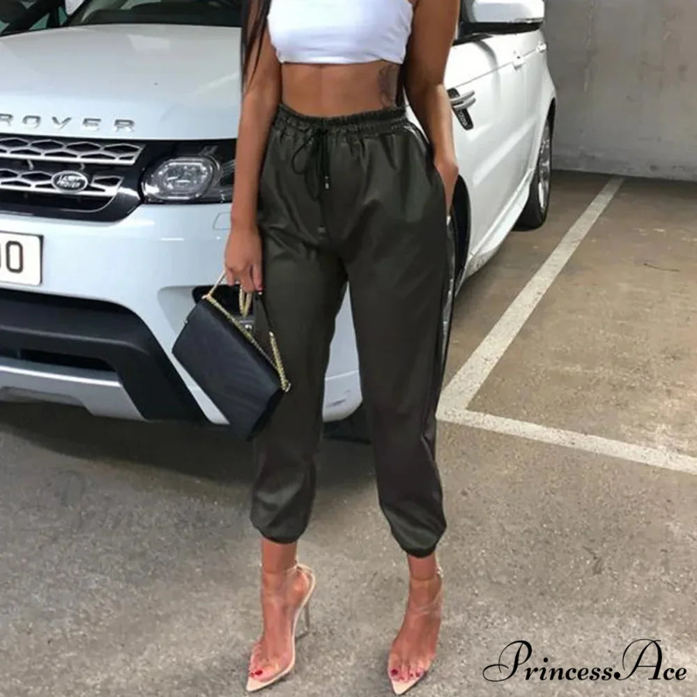 Imitation Leather Elevated Waist Joggers Trousers