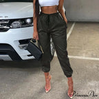 Imitation Leather Elevated Waist Joggers Trousers