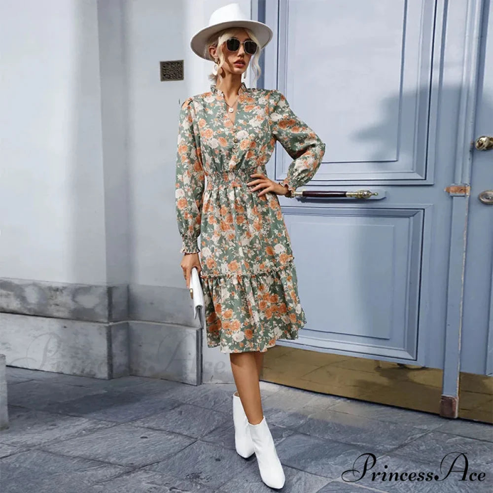 Informal A-line V-neck Floral Dress