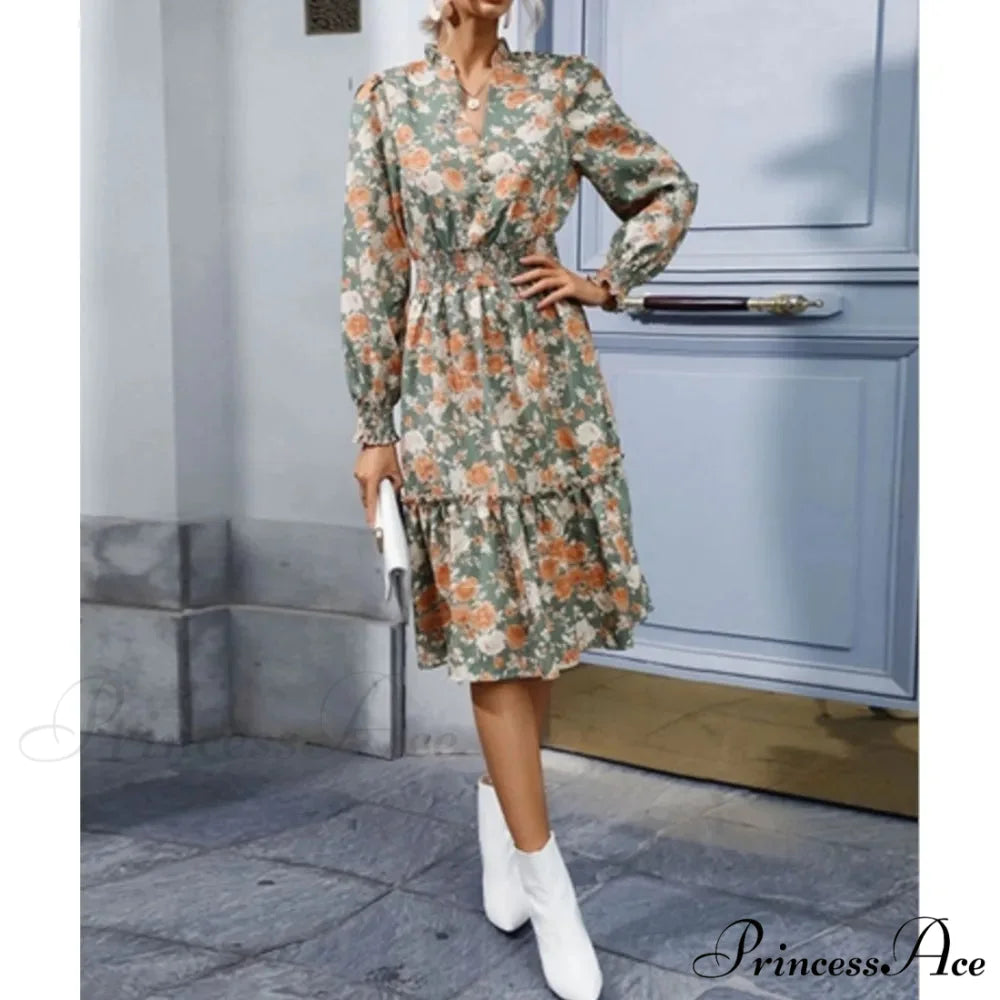 Informal A-line V-neck Floral Dress