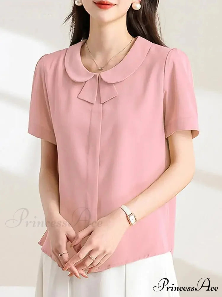 Informal Baggy Collar Monochrome Short Sleeve Blouse