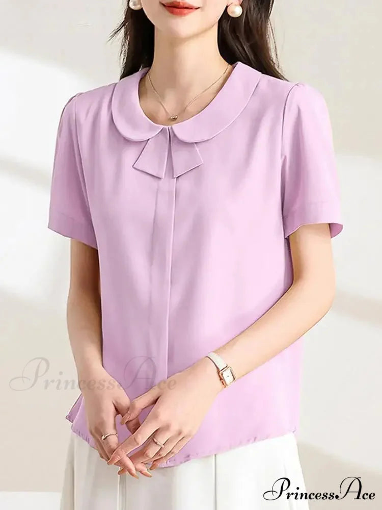 Informal Baggy Collar Monochrome Short Sleeve Blouse
