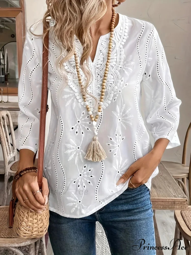 Informal Baggy V-neck Lace Insertion White Blouse