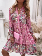 Informal Bohemian Flowered V-neck Frilled A-line Seaside Celebration Flowered Dress