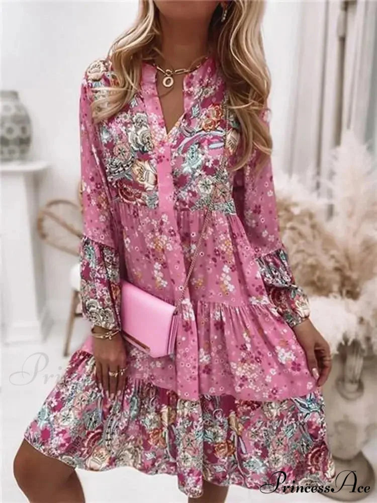 Informal Bohemian Flowered V-neck Frilled A-line Seaside Celebration Flowered Dress
