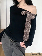 Informal Cheetah Ribbon Trimmed Crew Neck Knit Top