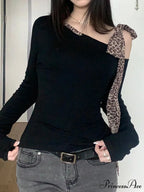 Informal Cheetah Ribbon Trimmed Crew Neck Knit Top