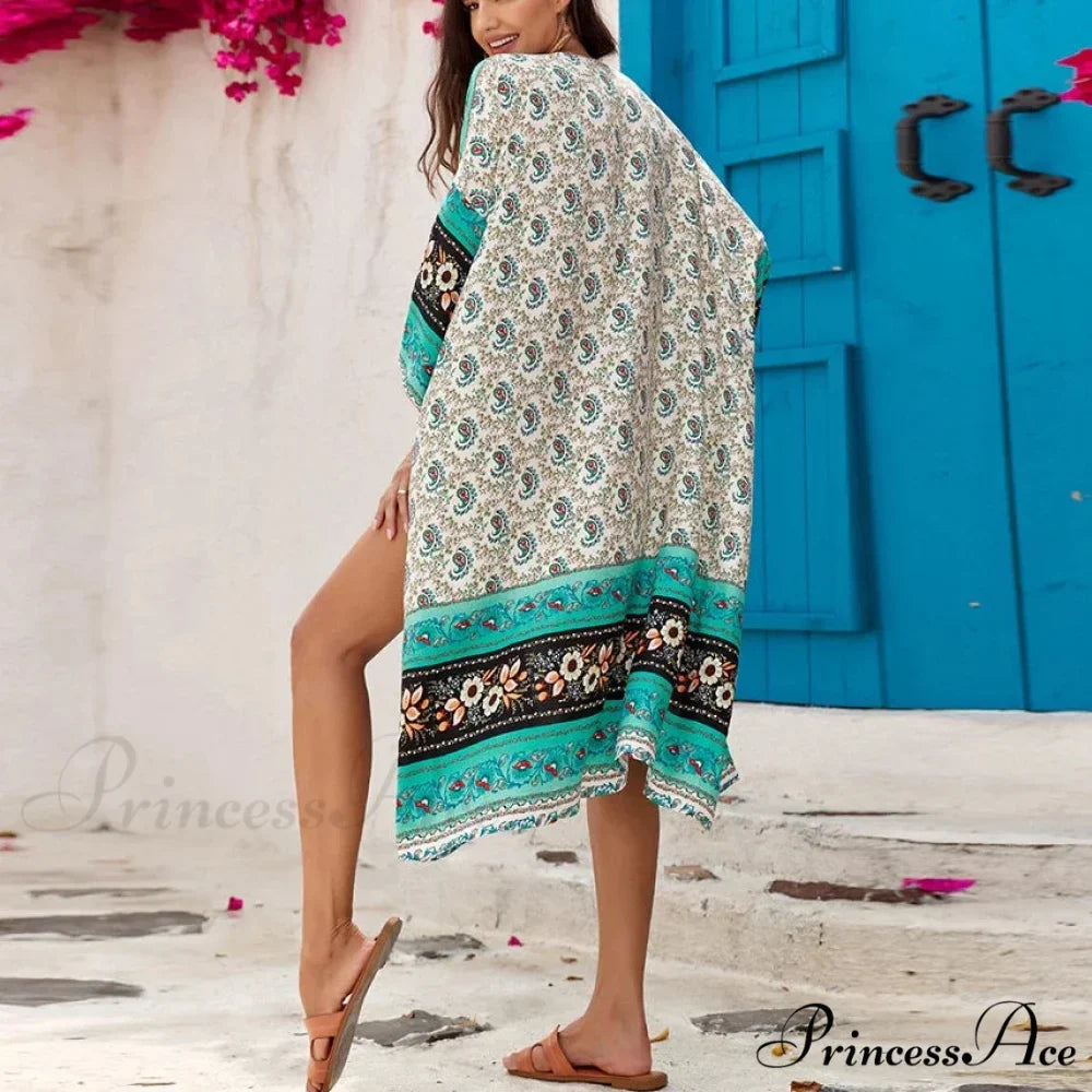 Informal Cultural Flower Pattern Baggy Cover-Up Dress