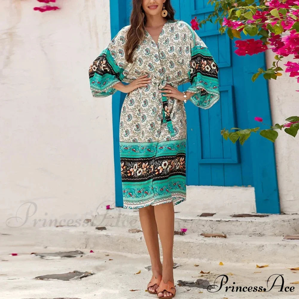 Informal Cultural Flower Pattern Baggy Cover-Up Dress