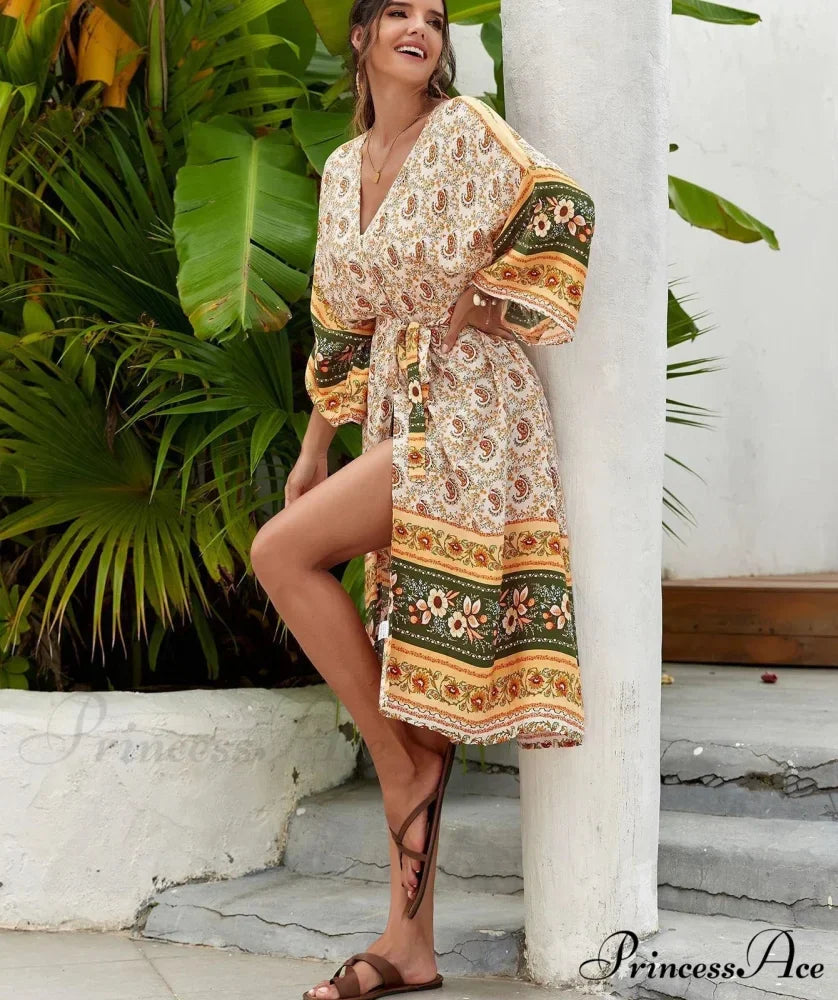 Informal Cultural Flower Pattern Baggy Cover-Up Dress