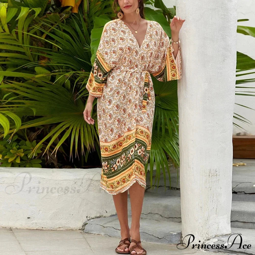 Informal Cultural Flower Pattern Baggy Cover-Up Dress