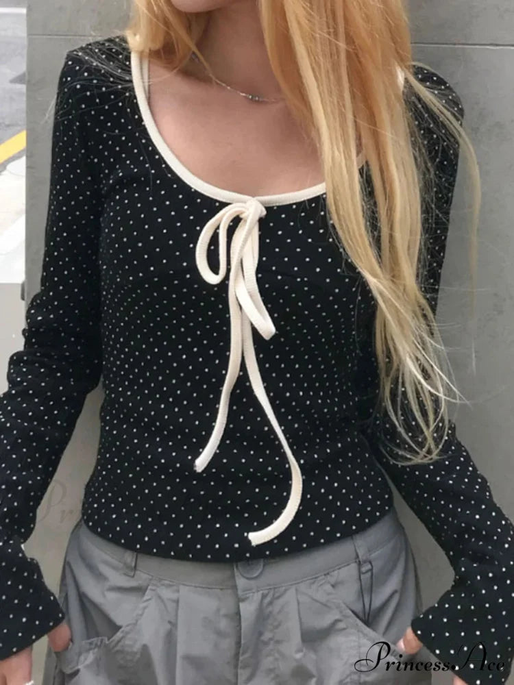 Informal Different Color Dot Printed Slim O-Neck Knit Top