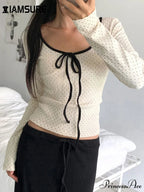 Informal Different Color Dot Printed Slim O-Neck Knit Top