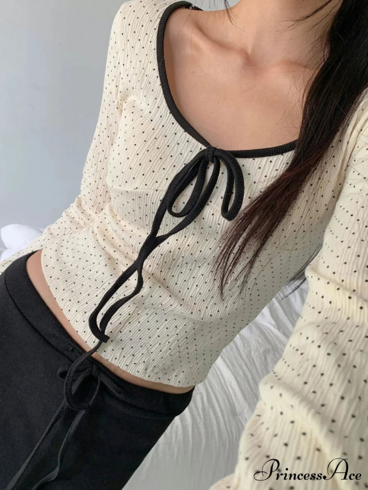 Informal Different Color Dot Printed Slim O-Neck Knit Top