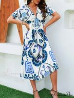 Informal Elevated Waist Plunging-neckline Bohemian Floral Dress