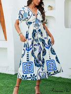 Informal Elevated Waist Plunging-neckline Bohemian Floral Dress