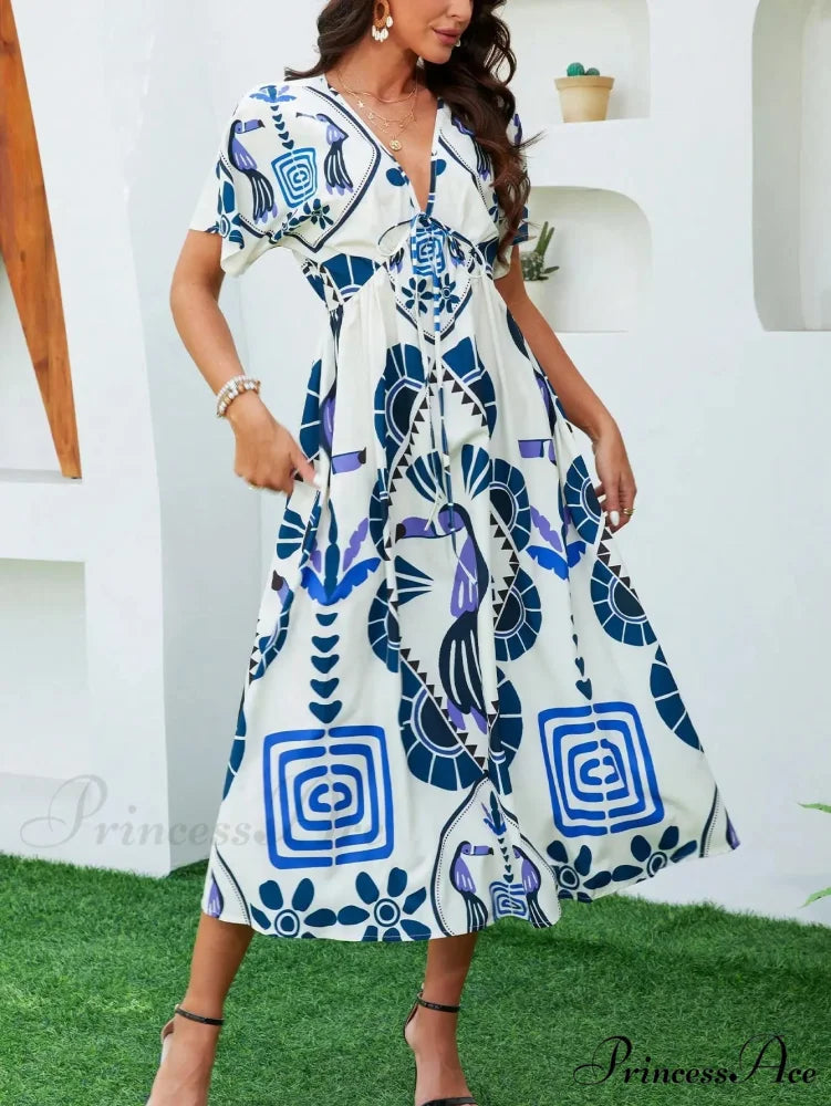 Informal Elevated Waist Plunging-neckline Bohemian Floral Dress