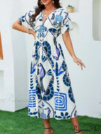 Informal Elevated Waist Plunging-neckline Bohemian Floral Dress