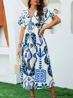 Informal Elevated Waist Plunging-neckline Bohemian Floral Dress