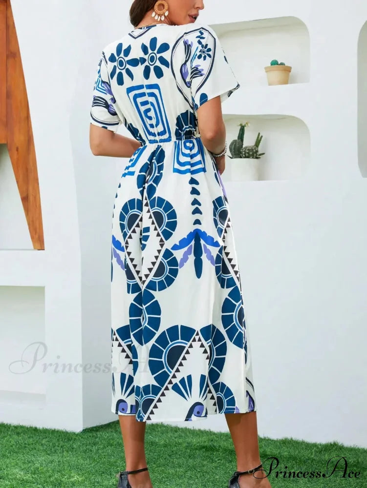 Informal Elevated Waist Plunging-neckline Bohemian Floral Dress