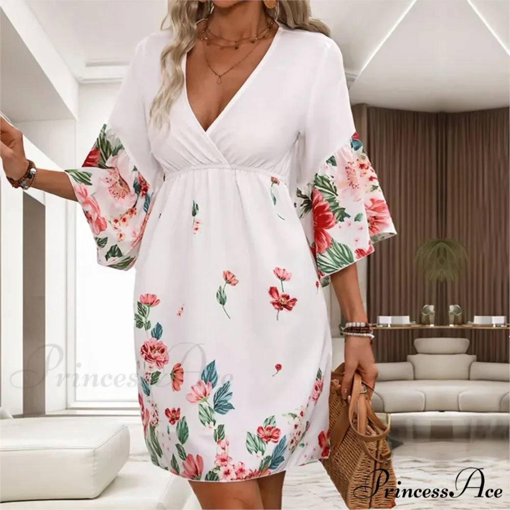 Informal Flower Patterned Mid Sleeve Flower Dress