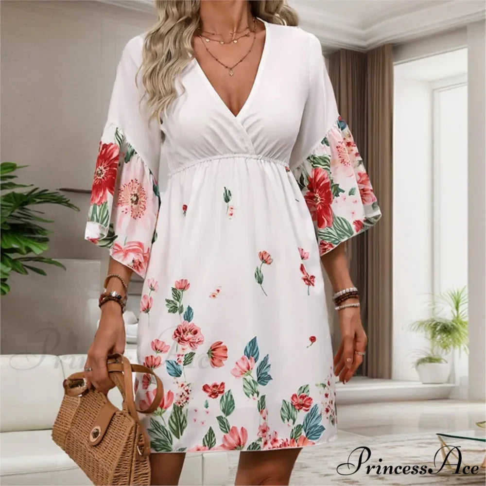 Informal Flower Patterned Mid Sleeve Flower Dress