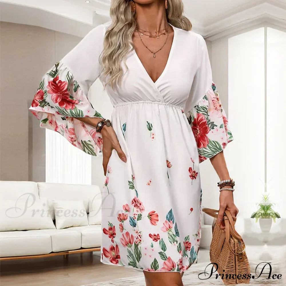 Informal Flower Patterned Mid Sleeve Flower Dress
