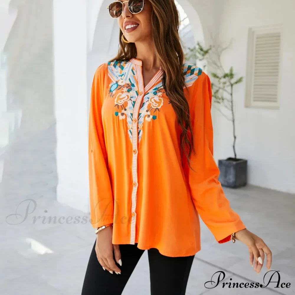 Informal Flower Stitching Large Cotton Long Sleeve Bohemian Top
