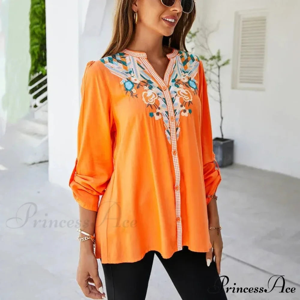 Informal Flower Stitching Large Cotton Long Sleeve Bohemian Top