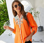 Informal Flower Stitching Large Cotton Long Sleeve Bohemian Top