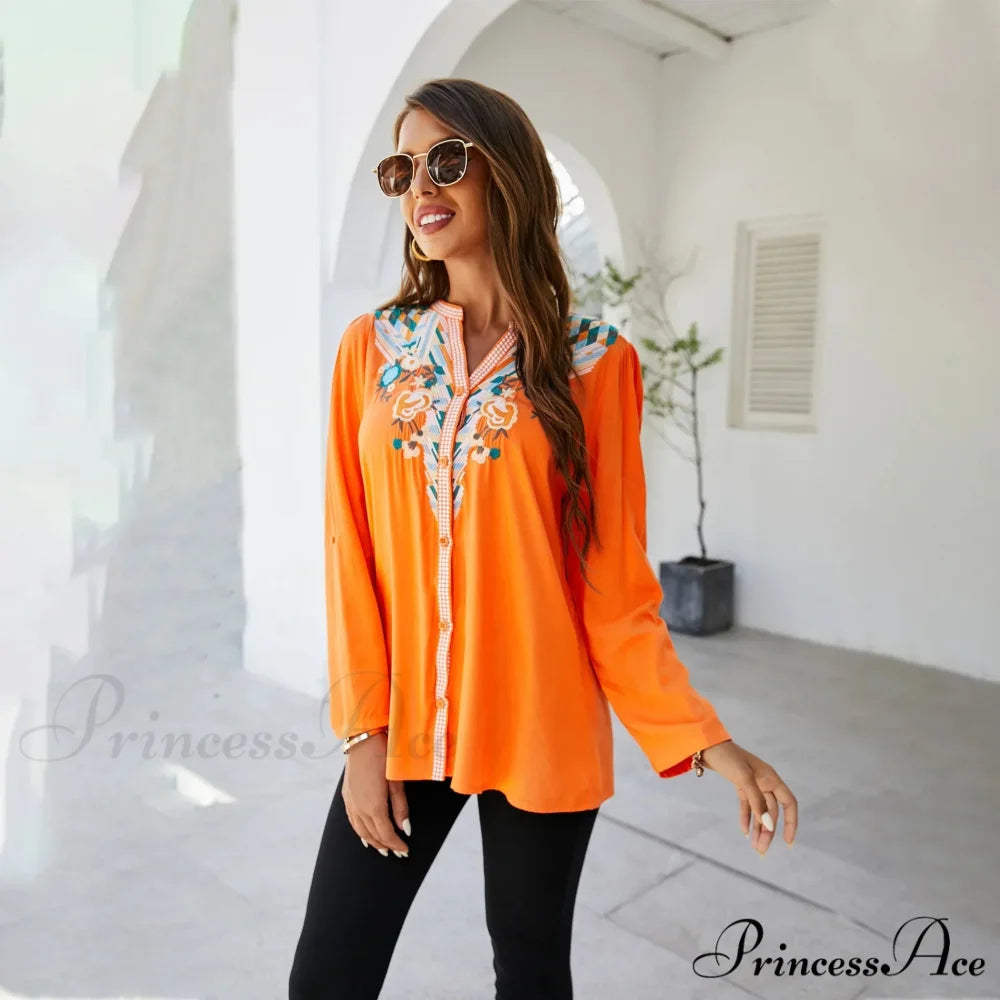 Informal Flower Stitching Large Cotton Long Sleeve Bohemian Top