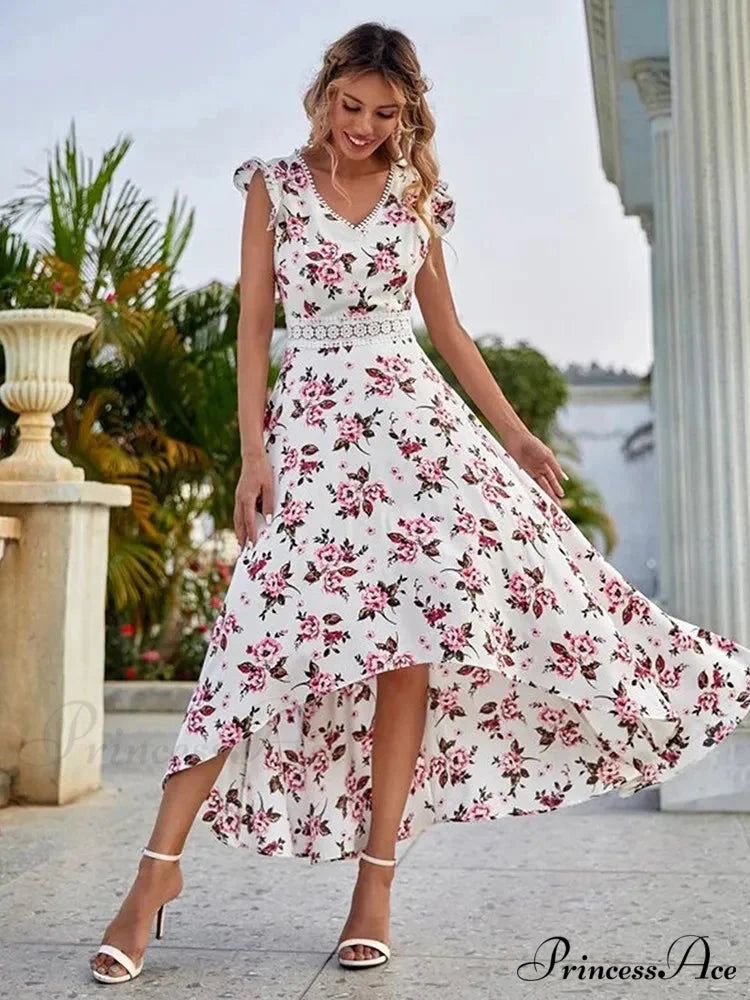 Informal Flowery Lace Neckline Uneven Waist Dress