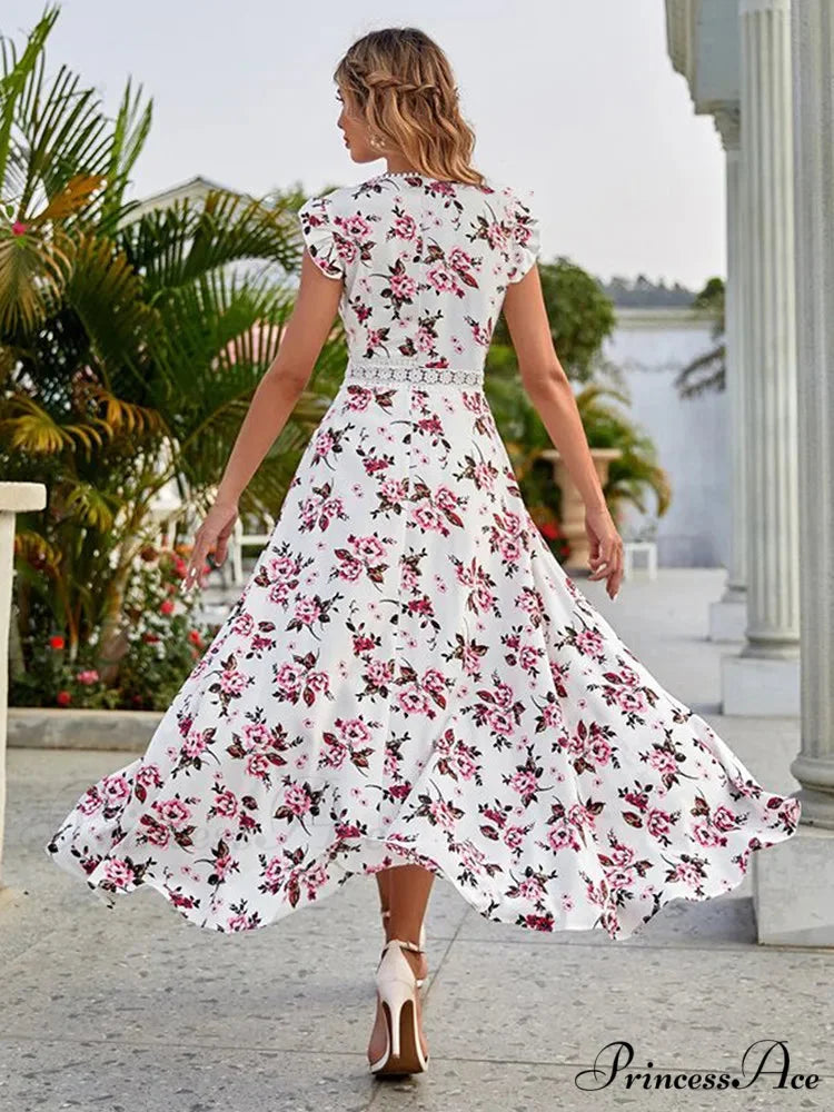 Informal Flowery Lace Neckline Uneven Waist Dress