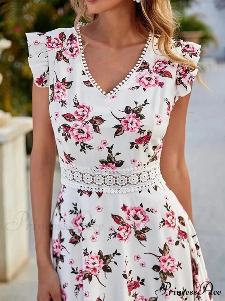 Informal Flowery Lace Neckline Uneven Waist Dress