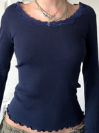 Informal Fundamental Lace Trim Slender Patchwork O-Neck Knit Top