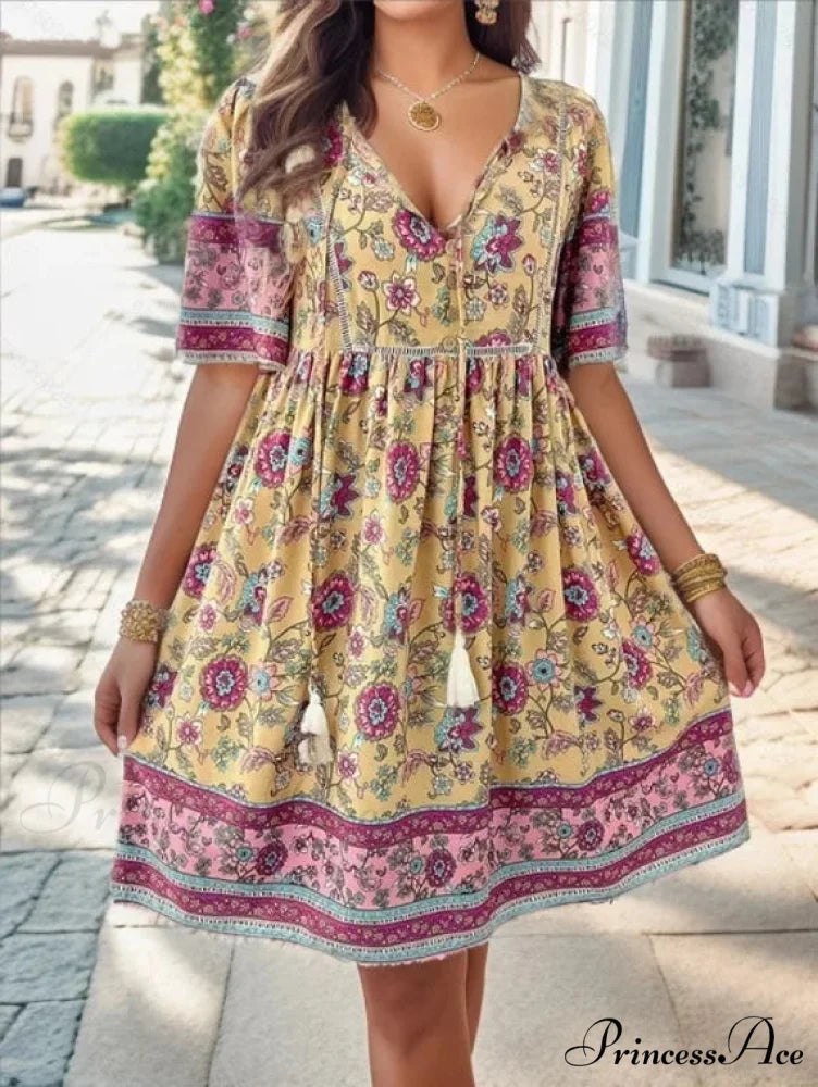 Informal Holiday Flower Pattern V-neck Short Sleeve Sundress