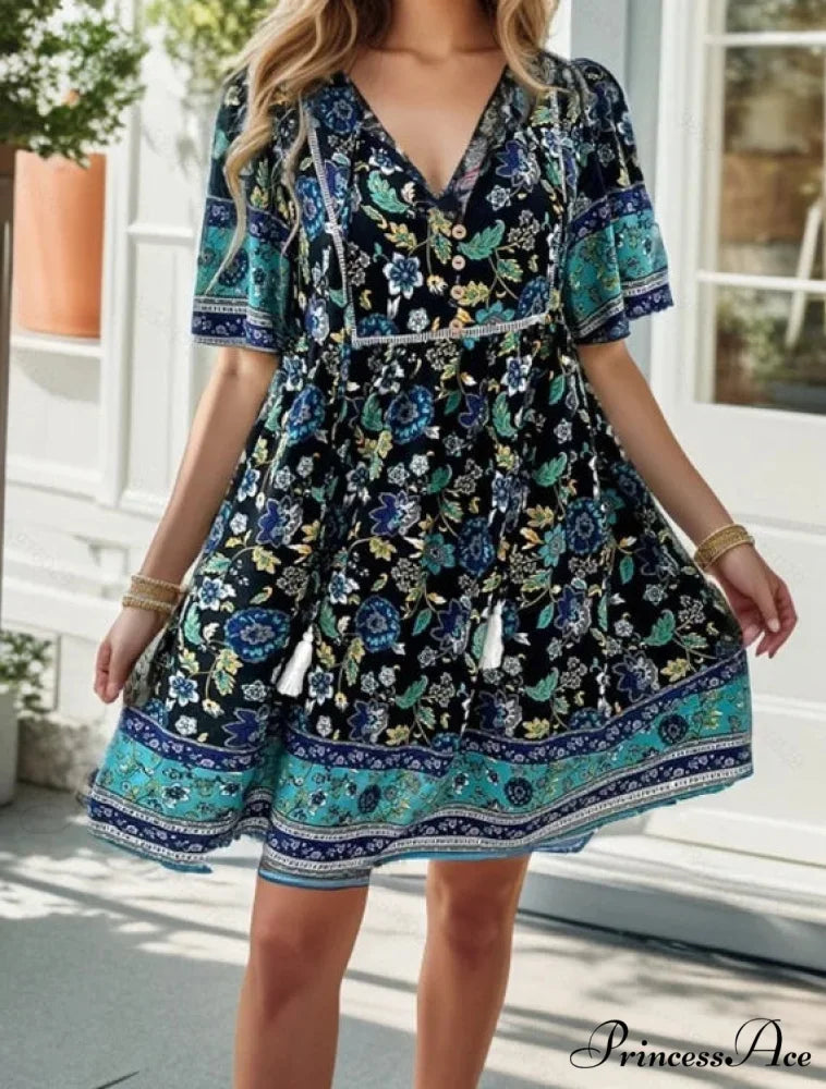 Informal Holiday Flower Pattern V-neck Short Sleeve Sundress