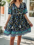 Informal Holiday Flower Pattern V-neck Short Sleeve Sundress