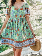 Informal Holiday Flower Pattern V-neck Short Sleeve Sundress